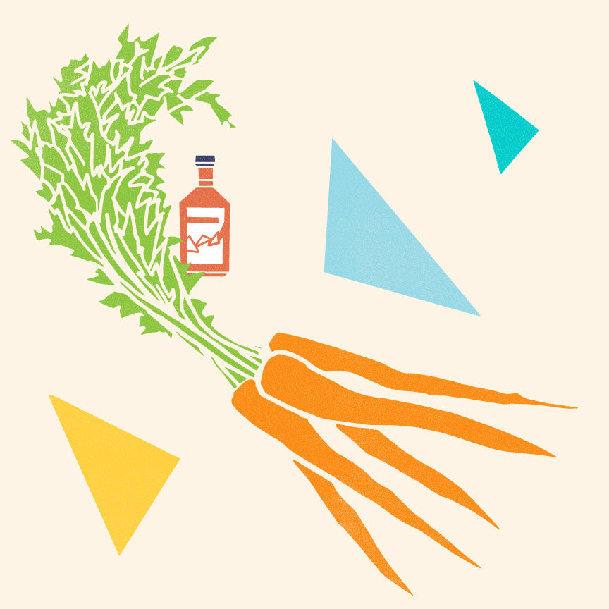 Illustrated bunch of carrots with a small vinegar bottle and colorful geometric shapes suggesting a bright spring salad recipe