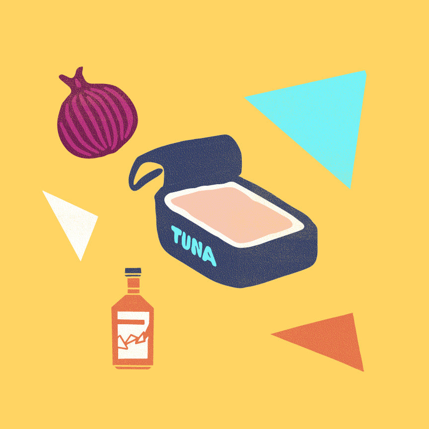 Open tin of pink tuna with a red onion and a bottle on a yellow background with colored triangles.