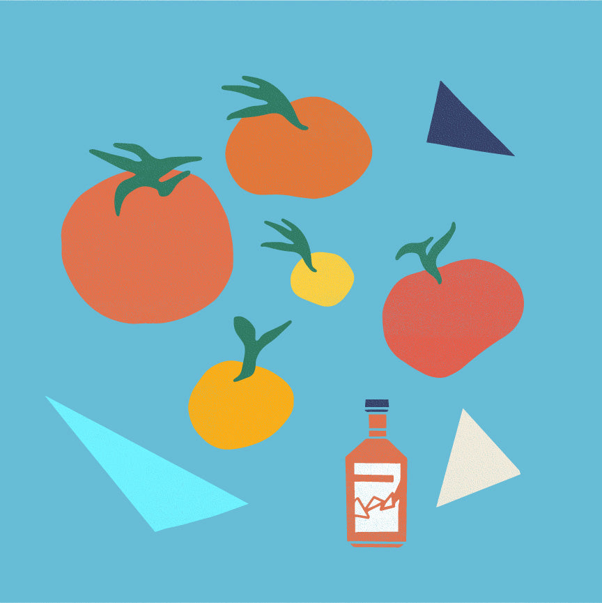 Stylized illustration of tomatoes, a small bottle, and paper triangles on a blue background.