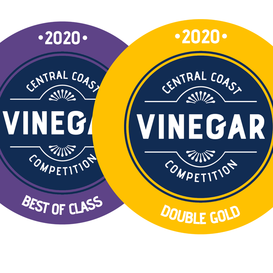 2020 CENTRAL COAST VINEGAR COMPETITION badges: VINEGAR — BEST OF CLASS (purple) and DOUBLE GOLD (yellow)