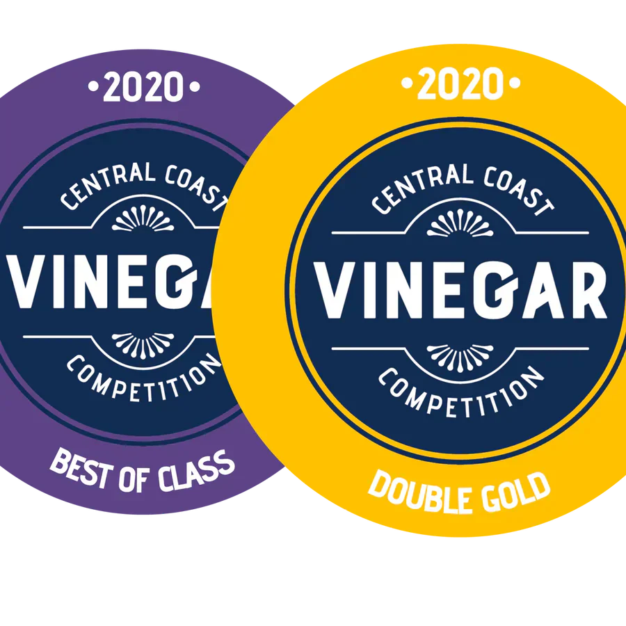 2020 Central Coast Vinegar Competition badges: Best of Class (purple) and Double Gold (yellow).