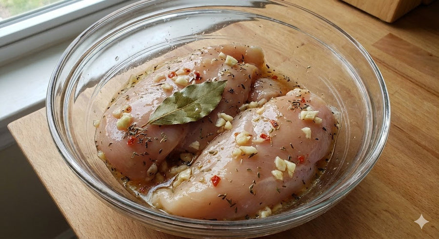 Two raw chicken breasts marinating with chopped garlic, red pepper flakes, thyme and a bay leaf in a glass bowl