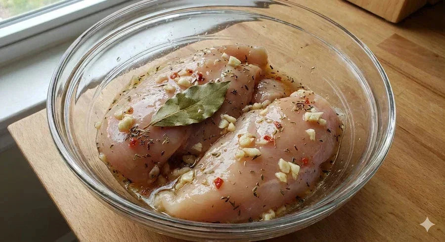 Two raw chicken breasts marinating with garlic, thyme, bay leaf, and dressing on a wooden counter