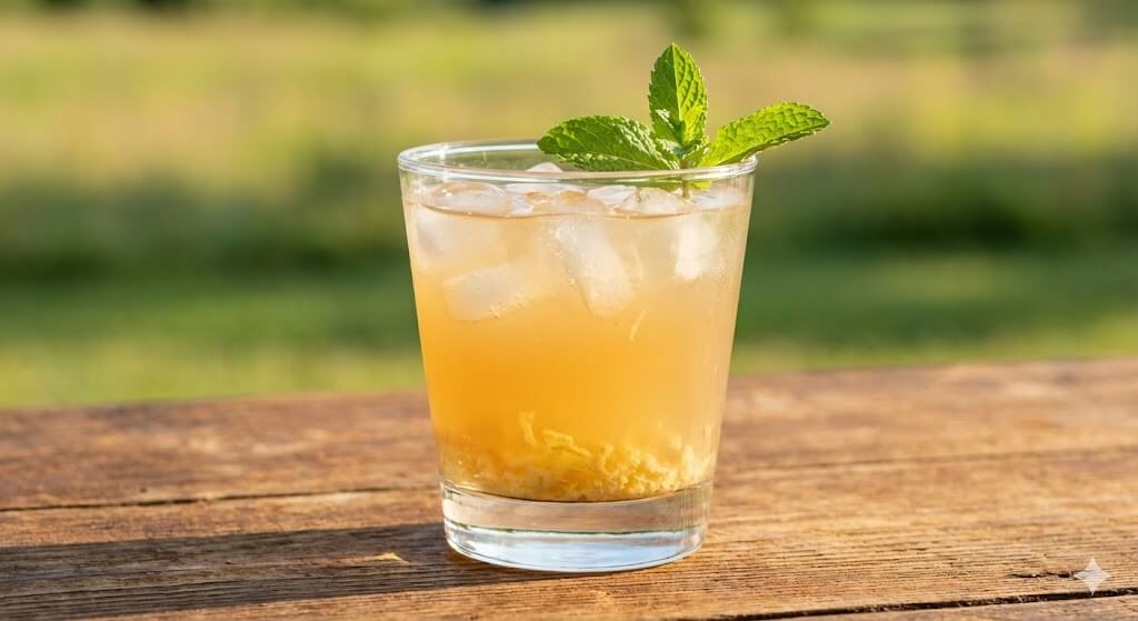 Glass of switchel with ice, grated ginger at bottom and a mint sprig on a wooden table