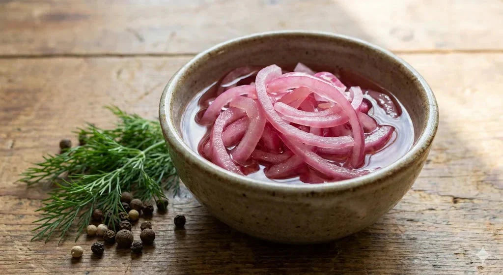 Top-down view of pink pickled onions in a ceramic bowl with dill and peppercorns on a wooden table