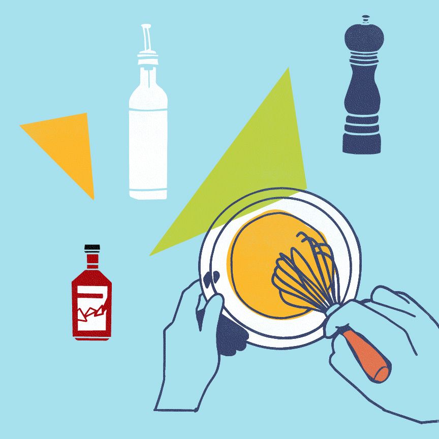 Hands whisking vinaigrette in bowl with illustrated oil, vinegar, and pepper on blue background