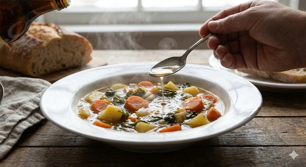 Hand drizzling vinegar from a spoon into steaming vegetable soup with bread in the background.