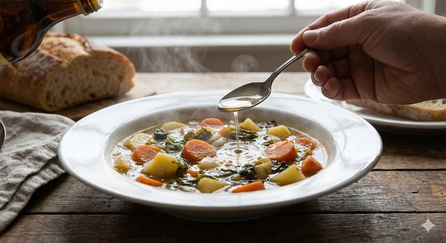 Hand drizzling vinegar from a spoon into a steaming bowl of vegetable soup, bread loaves on the table in background.