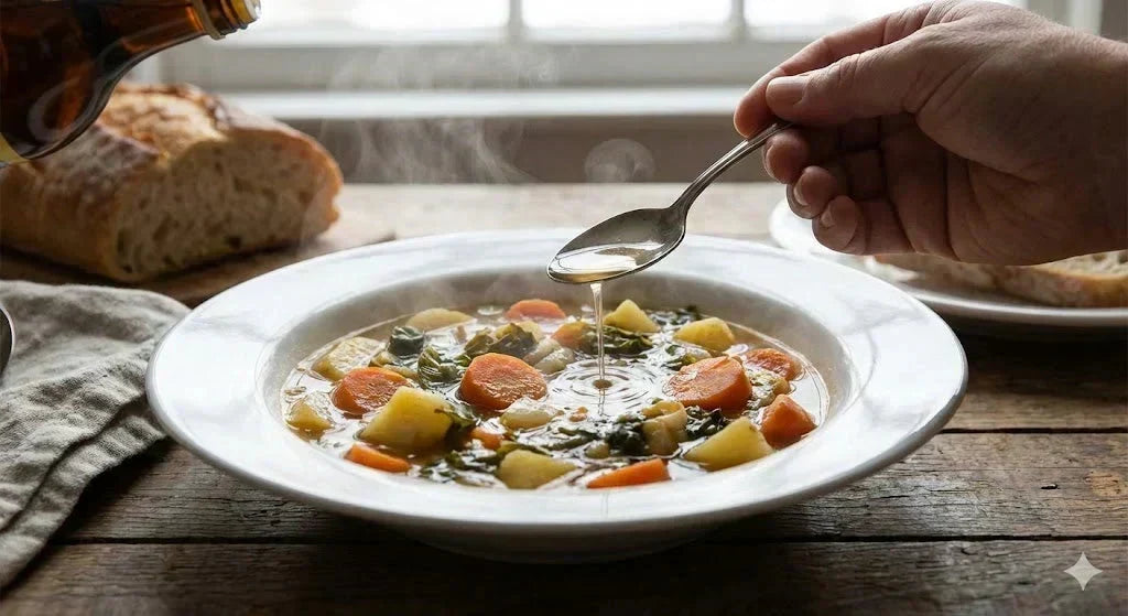 Hand drizzling vinegar from a spoon over vegetable soup on a wooden table with bread in background