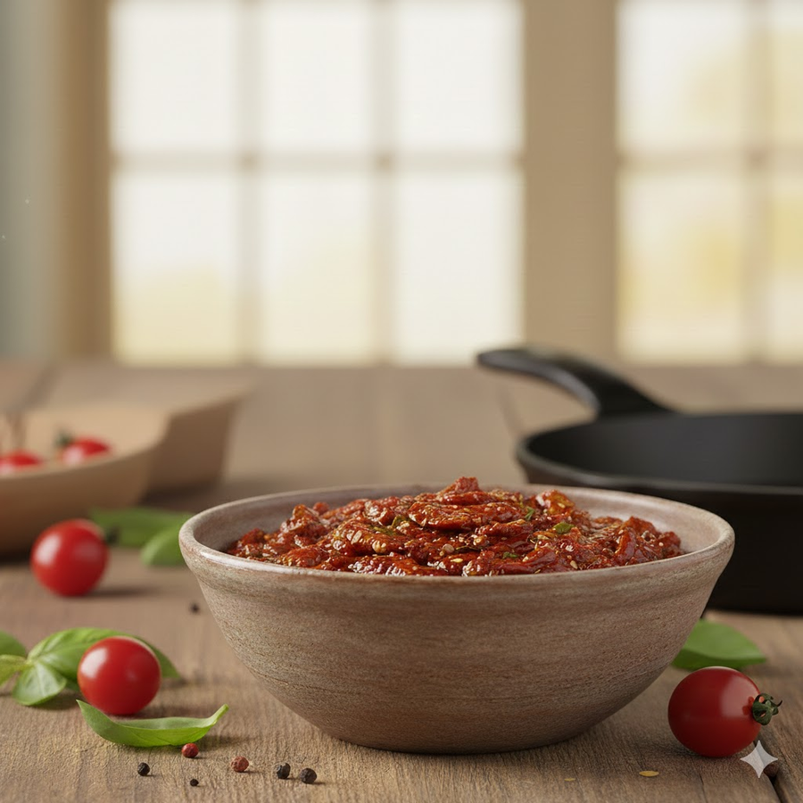 Bowl of chunky tomato sauce with cherry tomatoes, basil leaves, and a skillet blurred in the background