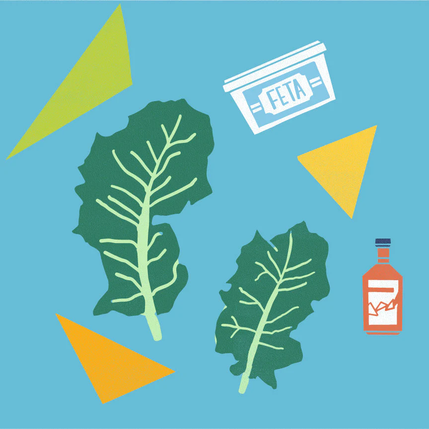 Kale leaves, a container labeled FETA, a vinaigrette bottle, and yellow triangular croutons on a blue background
