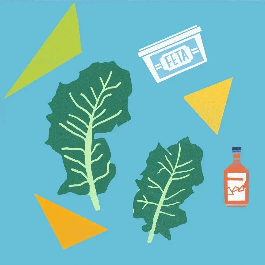 Illustrated kale leaves with a tub labeled FETA and a small vinegar bottle on a blue background