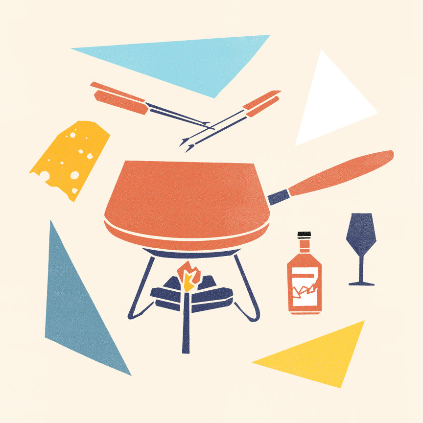 Retro-style illustrated fondue pot with forks, cheese wedge, small bottle and wine glass