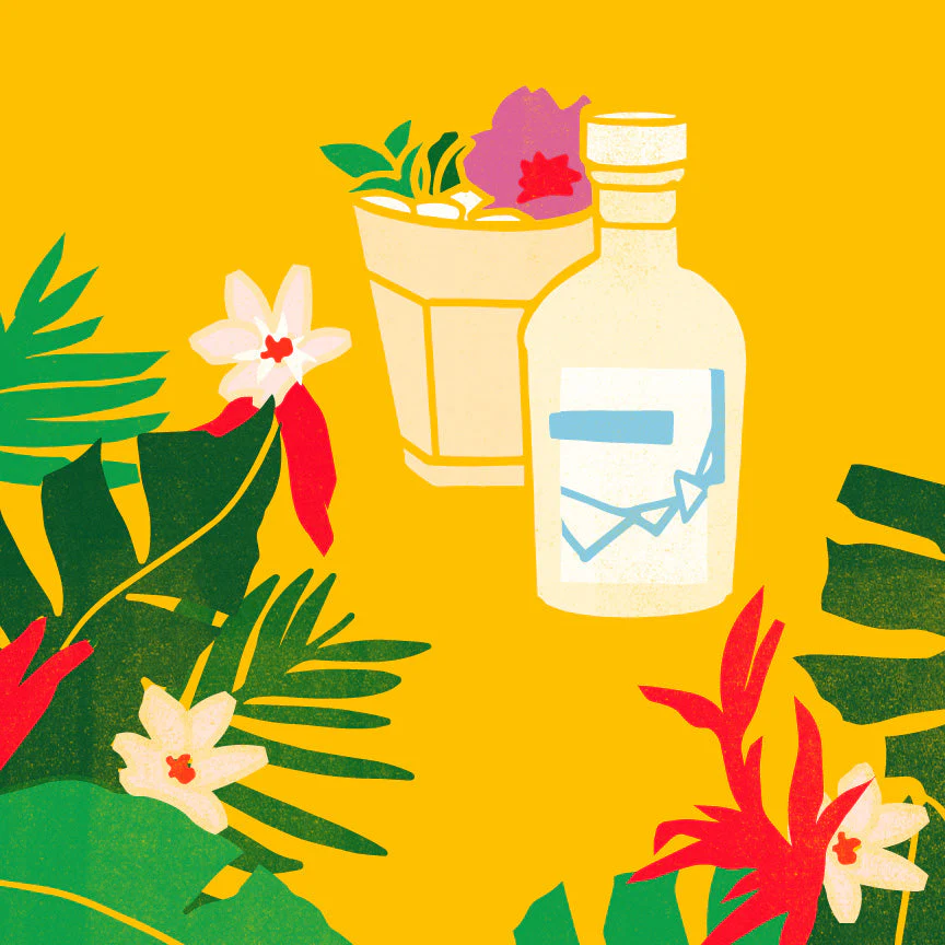 Stylized bottle and potted plant with tropical leaves and flowers on yellow background