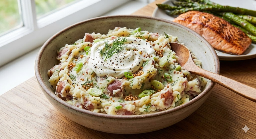 Bowl of mashed red‑skin potatoes with dill, scallions, mustard seeds and a sour cream dollop; wooden spoon beside it.