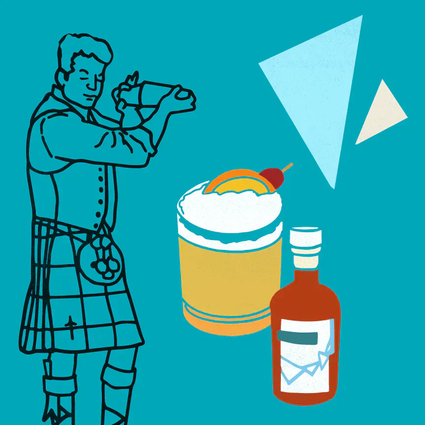 Bartender in a kilt shaking a drink next to a whiskey sour and a bottle on a teal background.