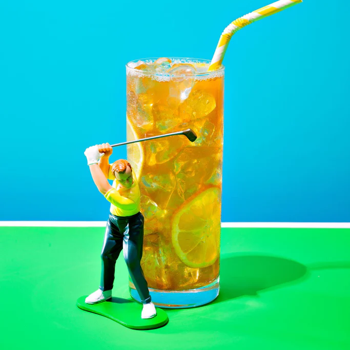 Toy golfer swinging beside a tall iced tea with lemon slices and striped straw on green surface, turquoise background.