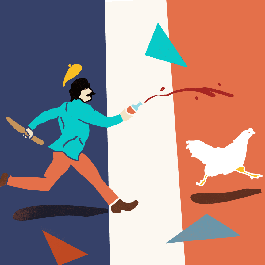 Person in teal jacket chasing a white chicken while squirting red liquid and holding a rolling pin