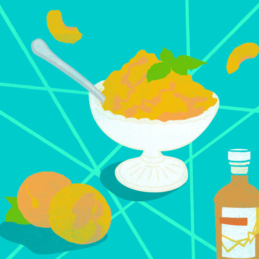 White dessert bowl of peach and honey granita with a spoon, two peaches and a bottle of honey wine vinegar on a turquoise geometric background