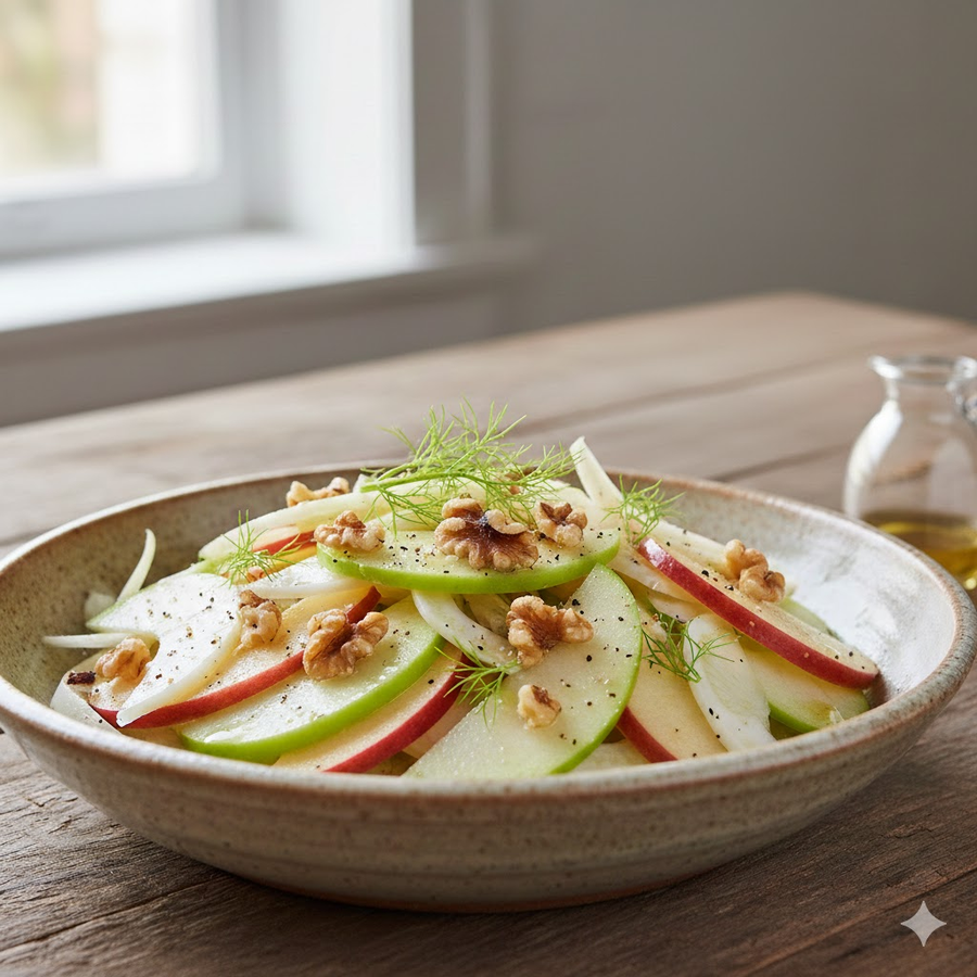 Fennel and apple salad arranged in a shallow ceramic bowl with sliced red and green apples, shaved fennel, walnuts, and cracked black pepper on a wooden table