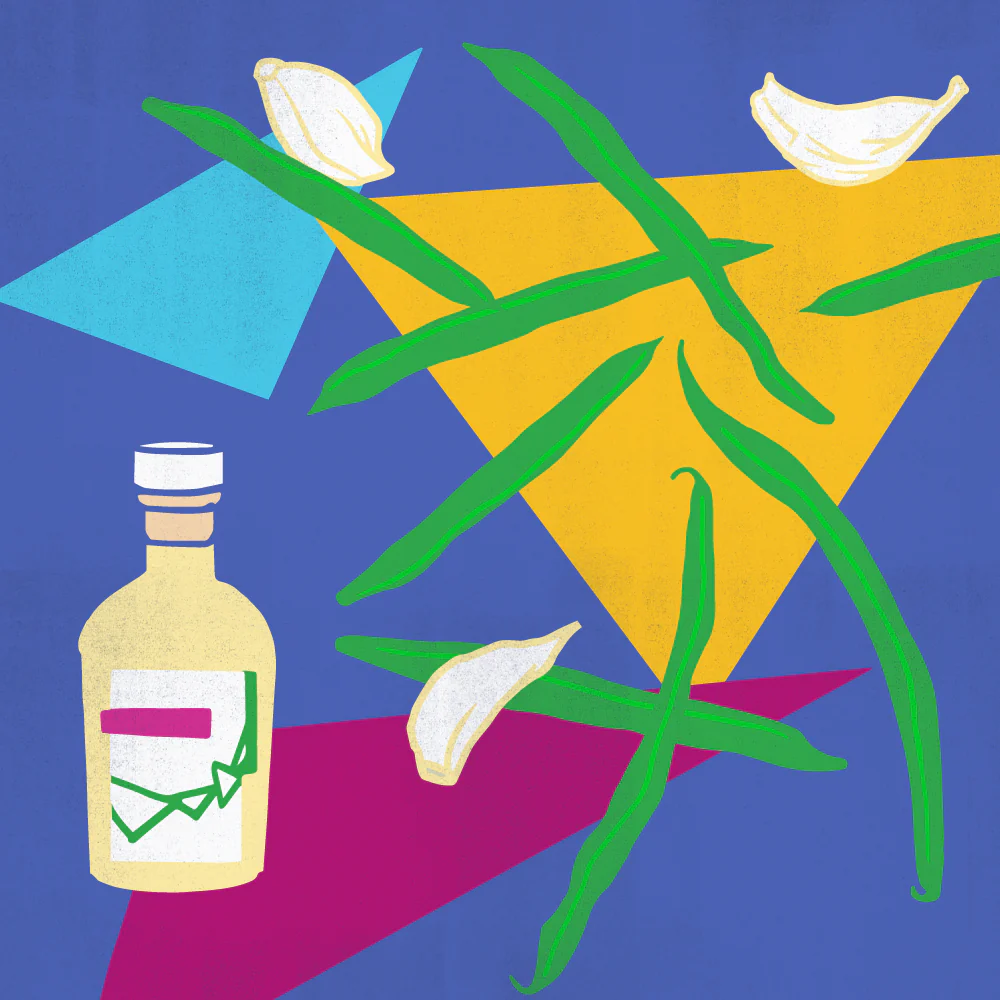 Green beans and garlic with a vinegar bottle illustration on a colorful geometric background