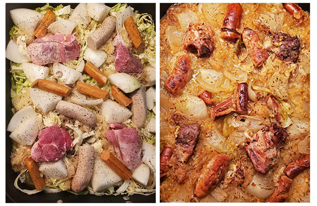Choucroute: raw sausages, pork, carrots and cabbage (left) and baked sauerkraut with browned sausages and onions (right)