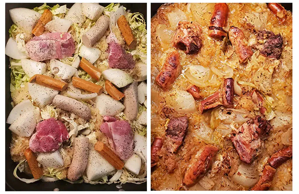 Before-and-after choucroute: left, raw meats and cabbage in a pan; right, the roasted finished dish