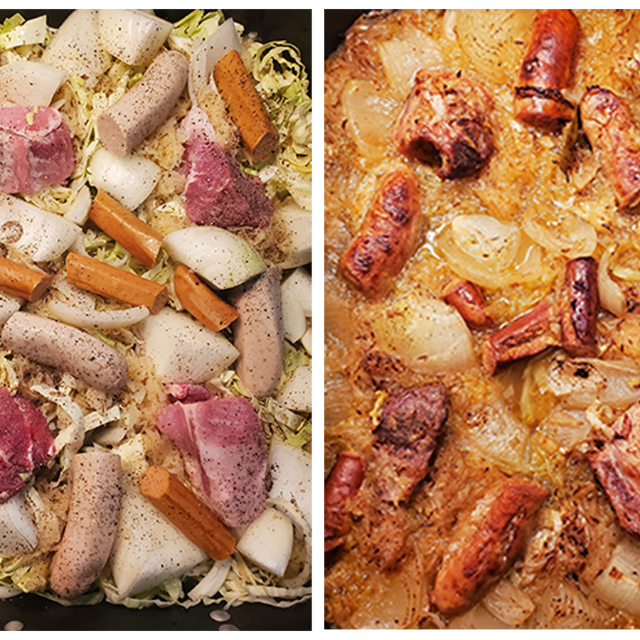 Choucroute: raw sausages, pork, carrots and cabbage (left) and baked sauerkraut with browned sausages and onions (right)