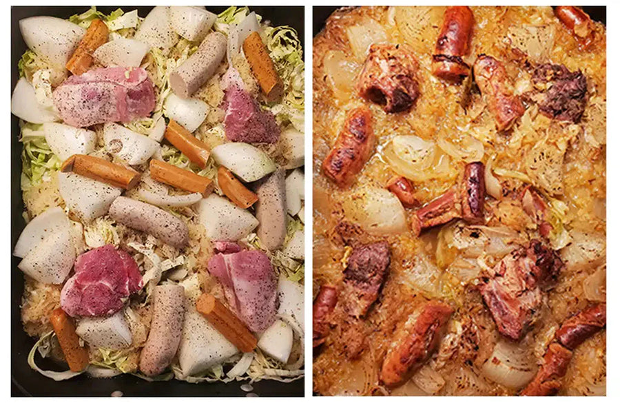Before-and-after choucroute: left, raw meats and cabbage in a pan; right, the roasted finished dish