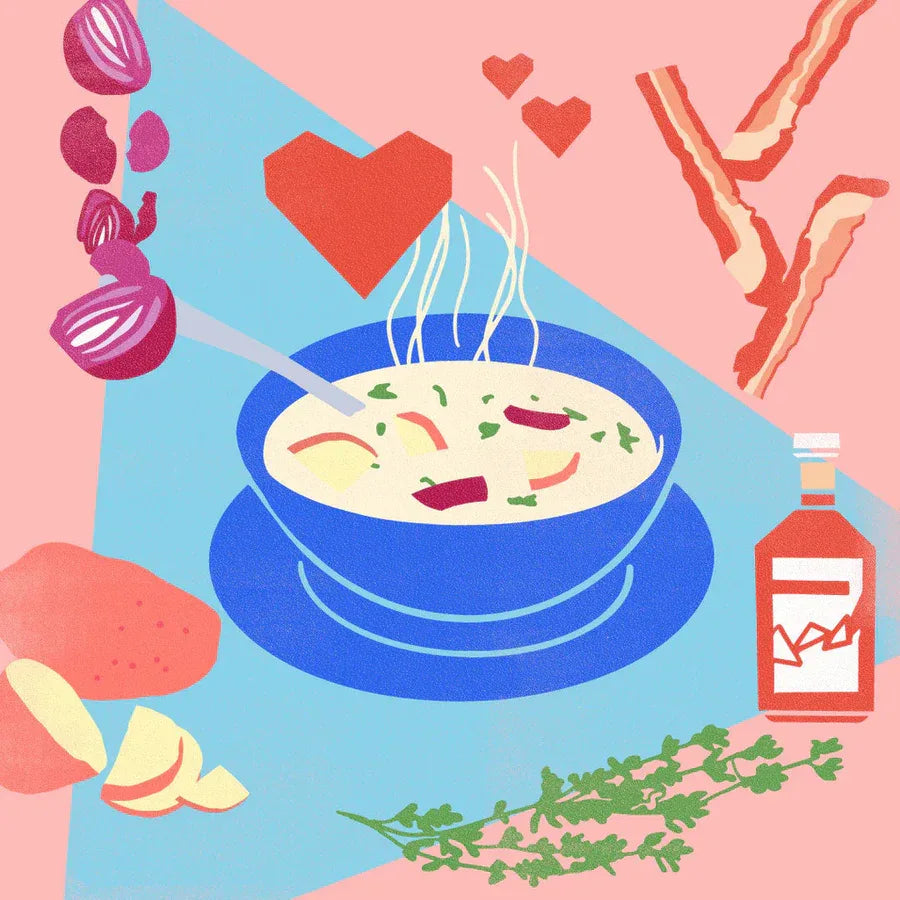 Steaming bowl of bacon potato soup surrounded by bacon strips, potato pieces, red onion, thyme, and a vinegar bottle on pink