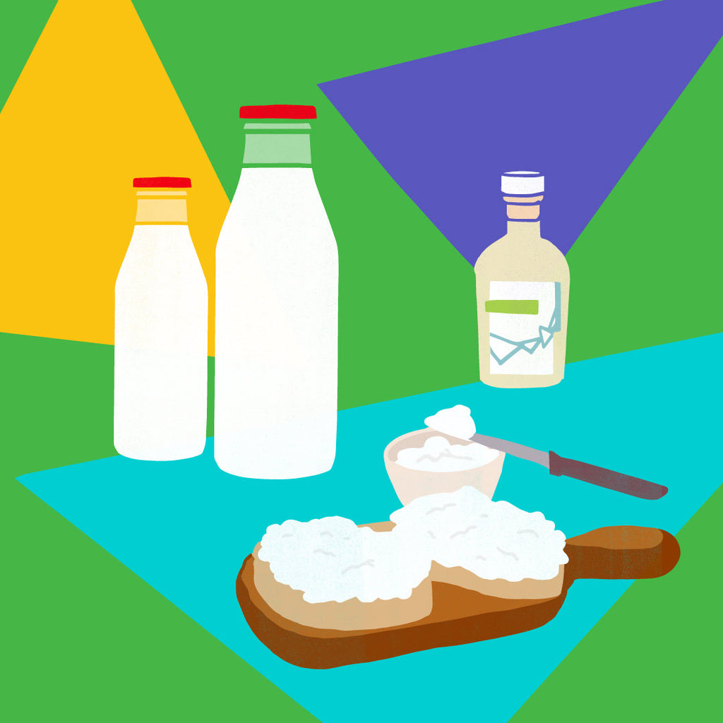 Stylized illustration: two milk bottles, a vinegar bottle, a bowl and knife, and ricotta spread on toast on a cutting board.