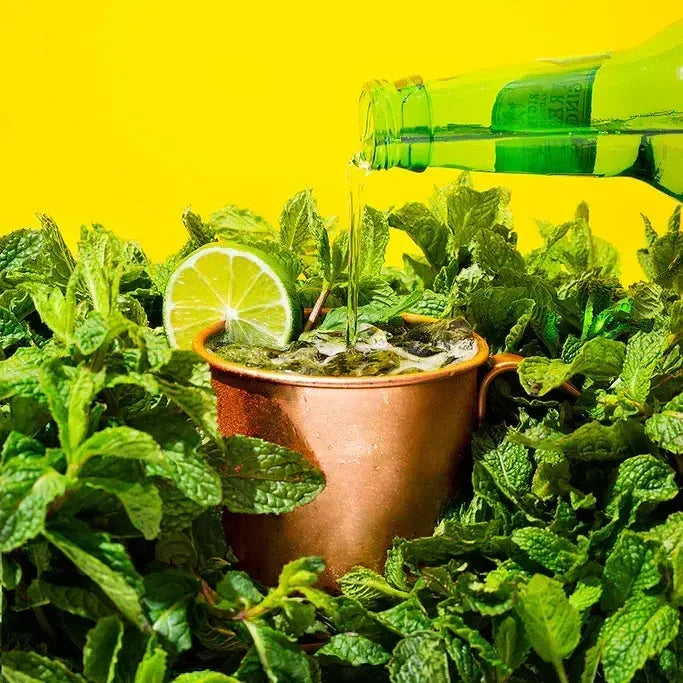 Vin Vin Mule in a copper mug with ginger beer pouring over ice and mint on yellow logo background