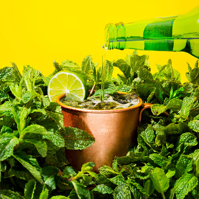Copper mule mug with mint, lime slice and green bottle pouring over ice; American Vinegar Works logo at top.