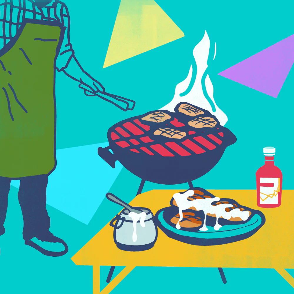Person grilling on a kettle grill; table with biscuits smothered in Alabama white sauce and a sauce bottle nearby.