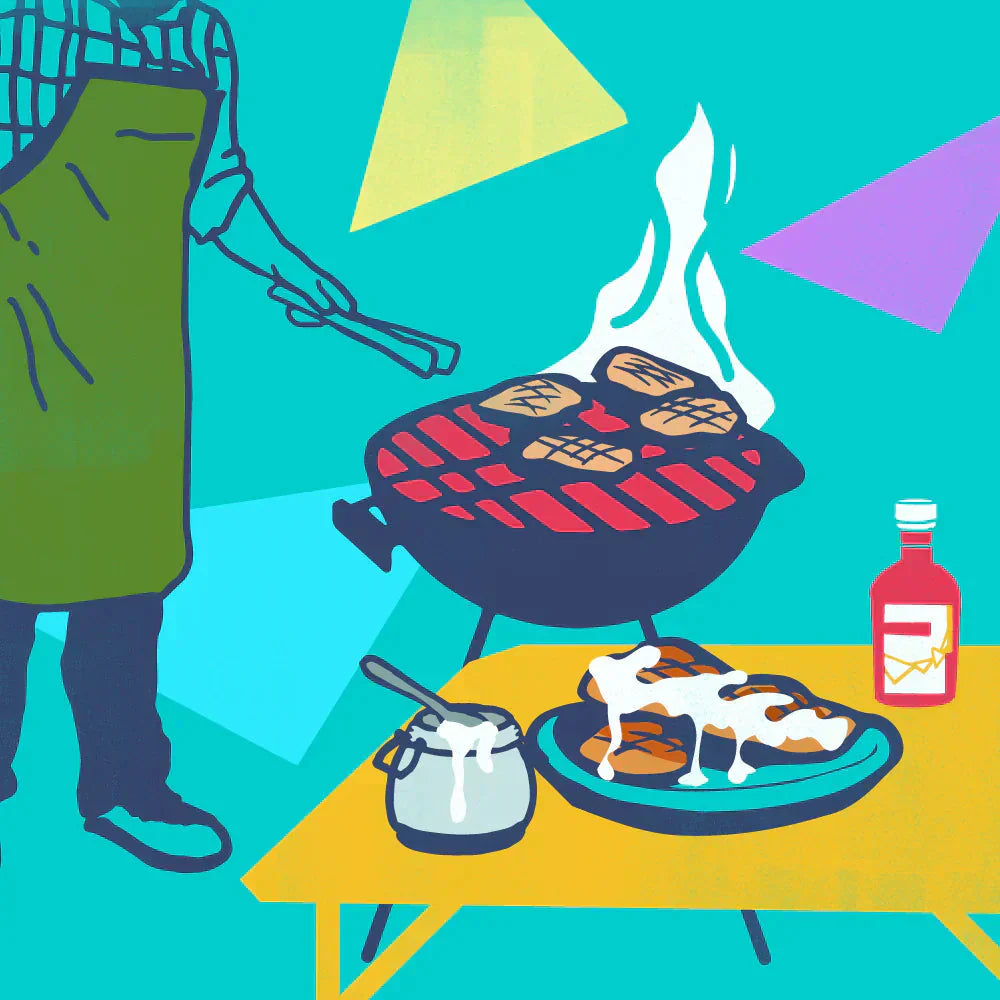 Person cooking chicken at a charcoal grill beside a table with white BBQ sauce bottles and plates