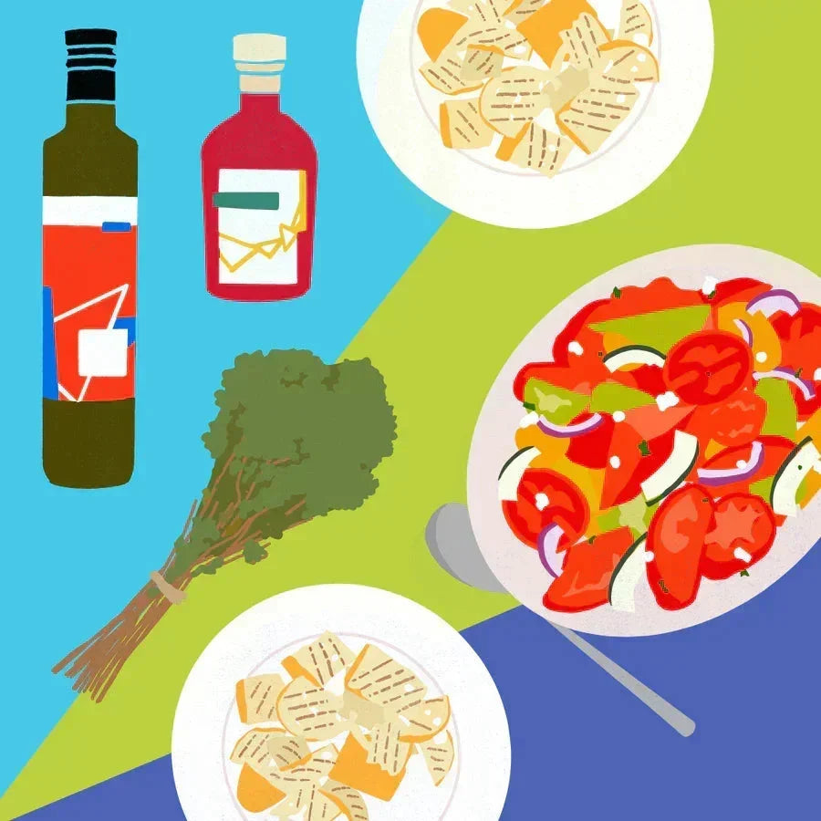 `Panzanella salad illustration with tomatoes, greens, and bread — artisanal salad art`