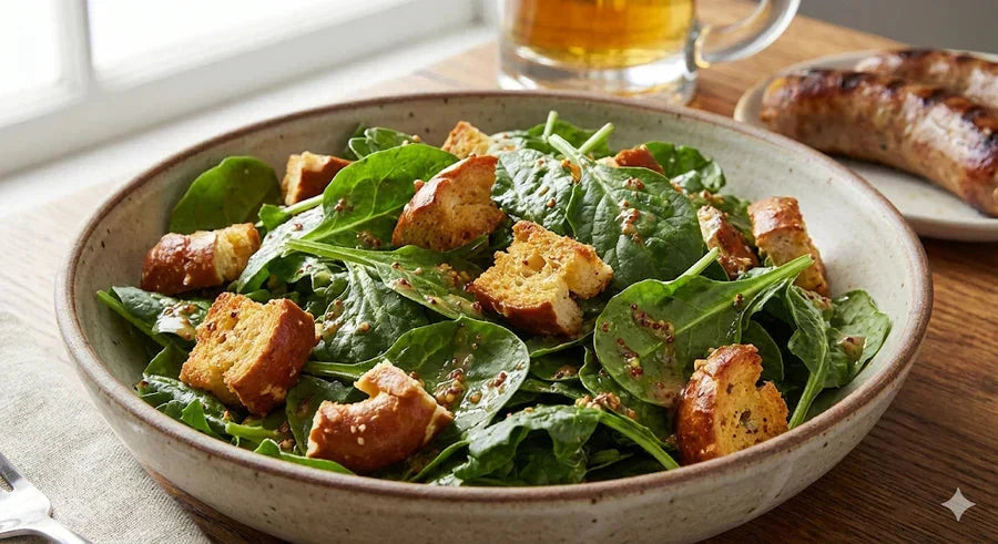 Angled view of kale and pretzel salad with mustard vinaigrette in a ceramic bowl on plain background