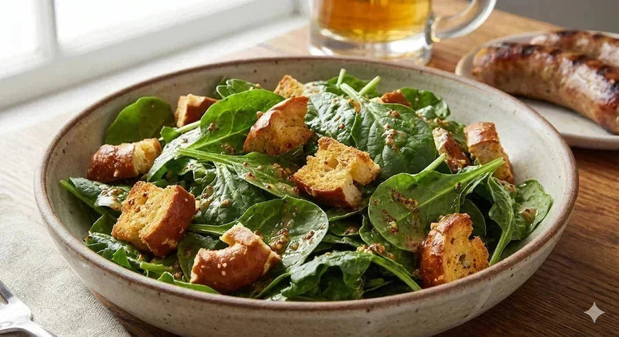 Kale and pretzel salad with greens and crunchy pieces in bowl — artisanal salad