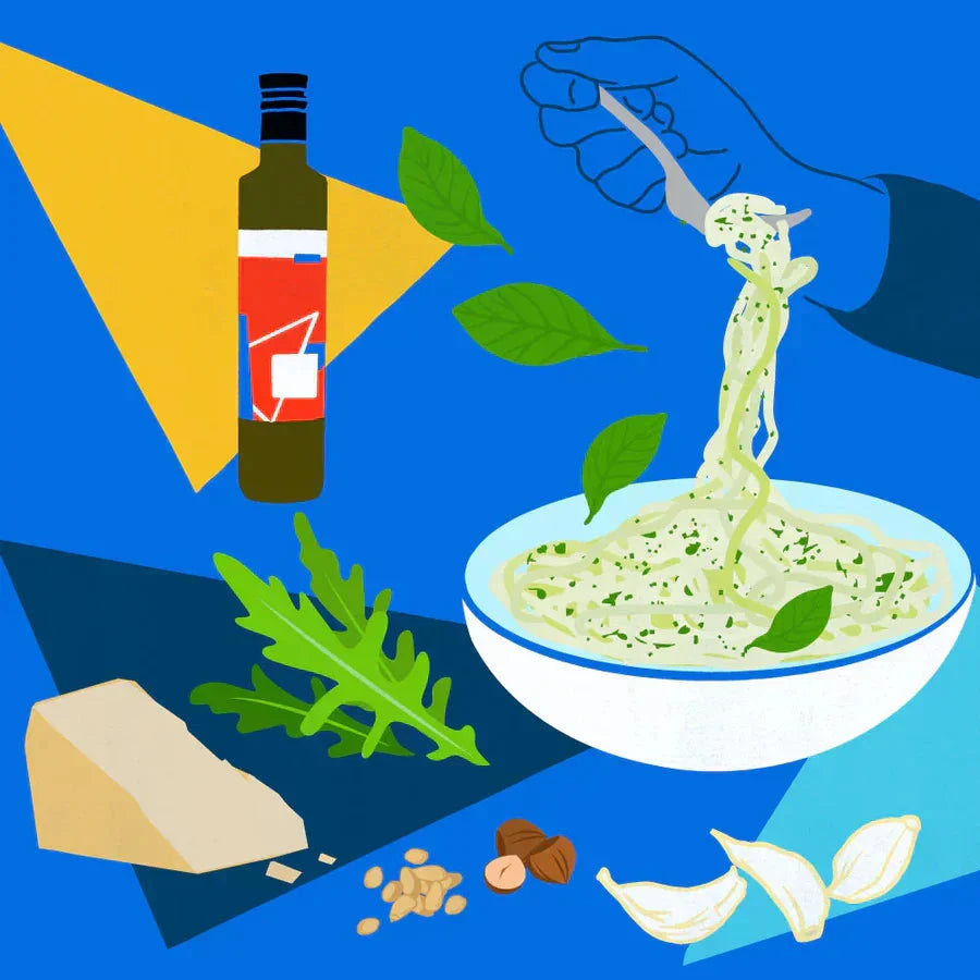 Fork twirling pesto pasta with basil, Parmesan, garlic, hazelnuts, and oil bottle on blue background