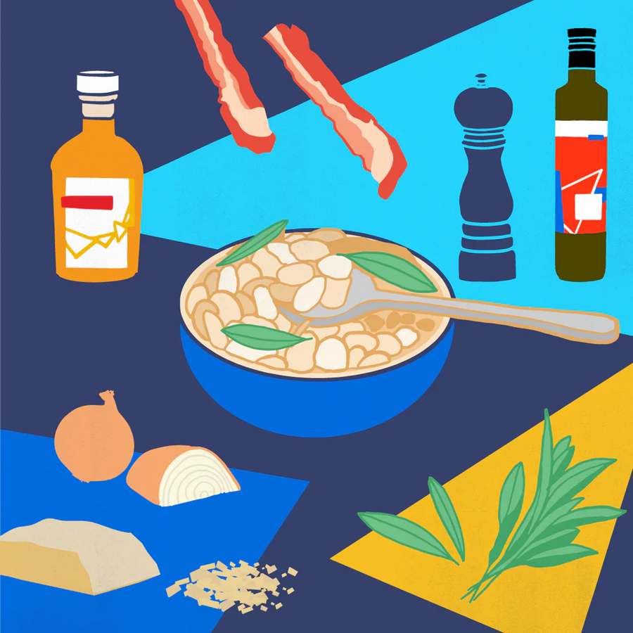 Bowl of giant beans tossed with sage and grated Parmesan, with bacon strips, onion, pepper mill, oil and vinegar bottles.