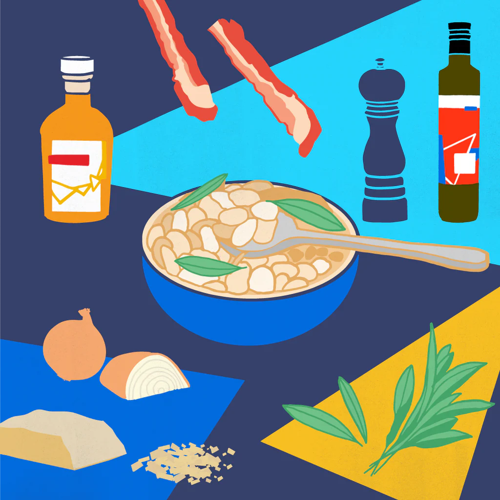 Bowl of giant beans tossed with sage and grated Parmesan, with bacon strips, onion, pepper mill, oil and vinegar bottles.