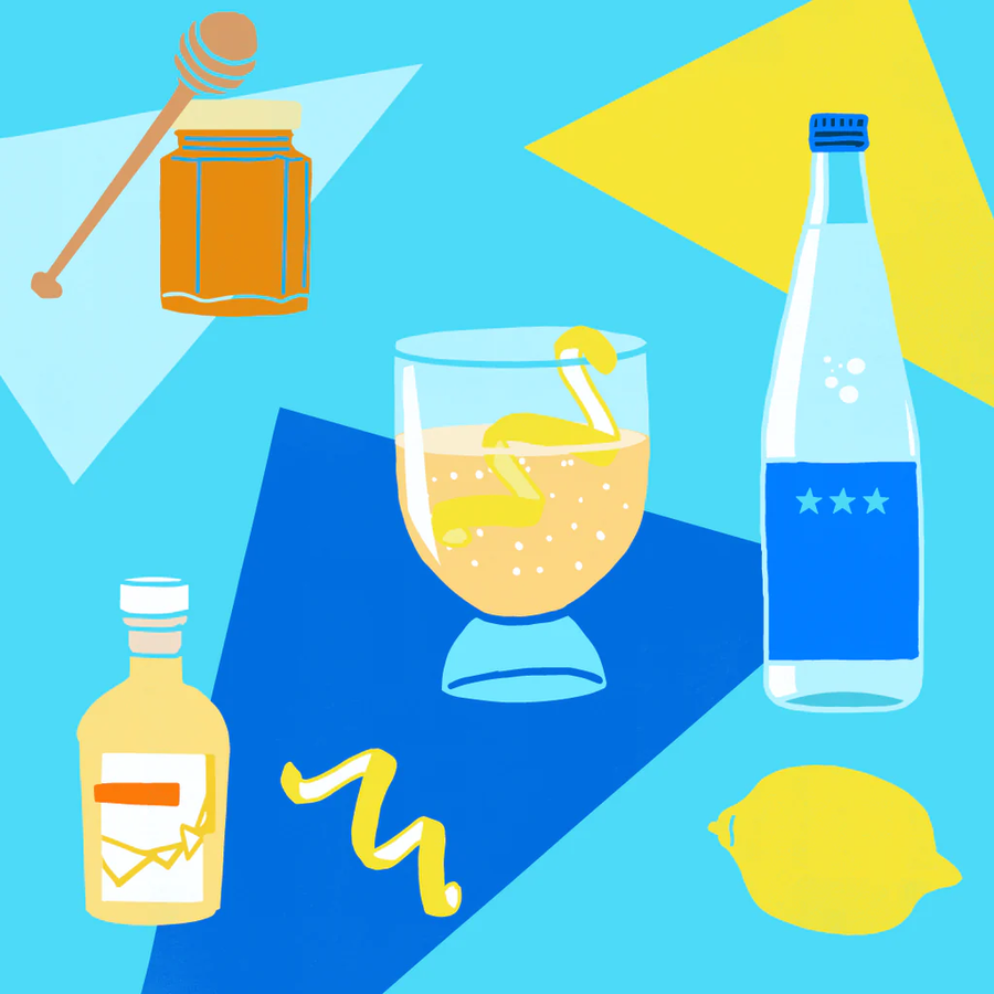 Spritz cocktail in glass with lemon twist, plus sparkling bottle, vinegar bottle, honey jar with dipper, and lemon.