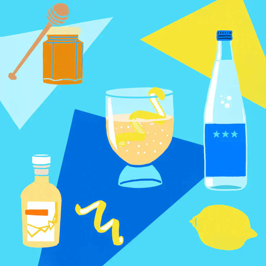 Illustrated spritz glass with honey jar, vinegar bottle, sparkling water, and lemon on blue wall