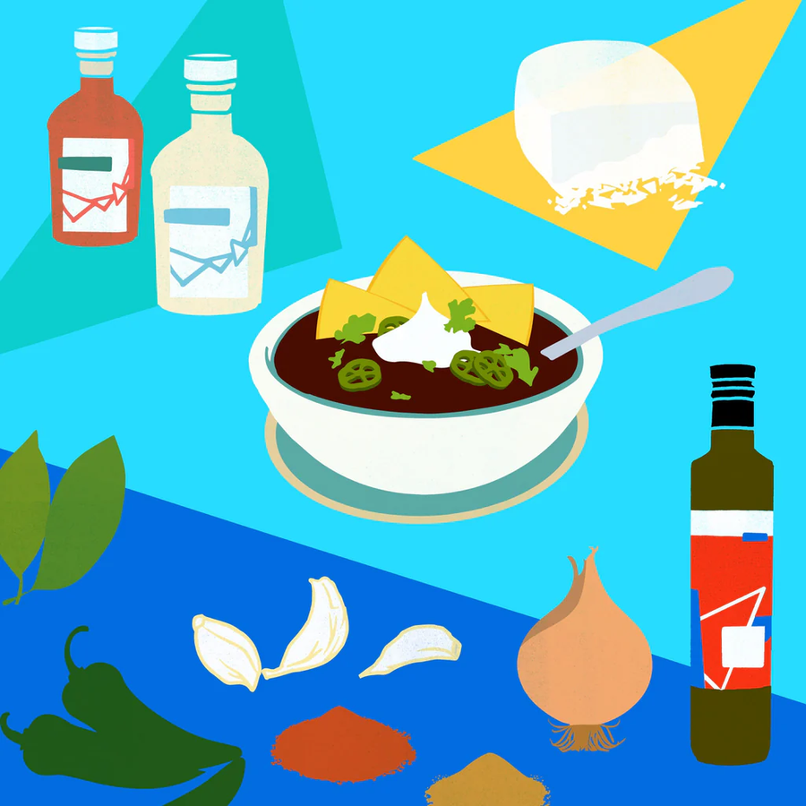 Bowl of black bean soup with sour cream, jalapeño, cilantro, and chips, surrounded by illustrated spices and vinegar bottles