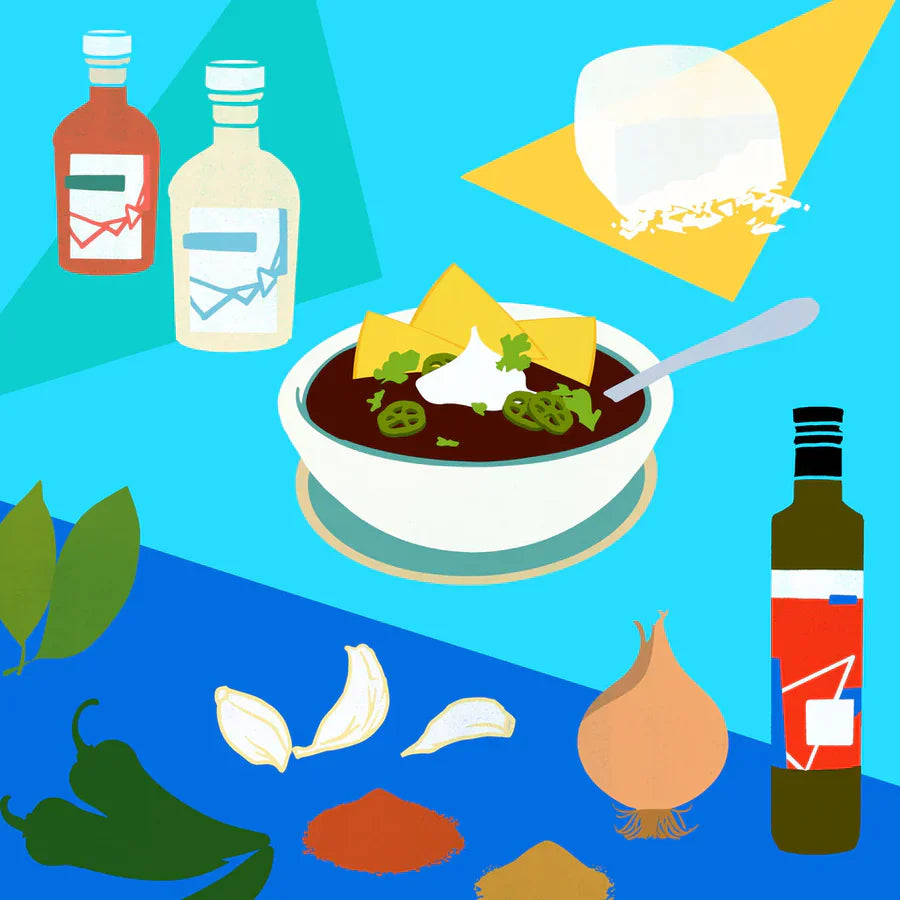 Bowl of black bean soup with sour cream, jalapeño, cilantro, and chips, surrounded by illustrated spices and vinegar bottles