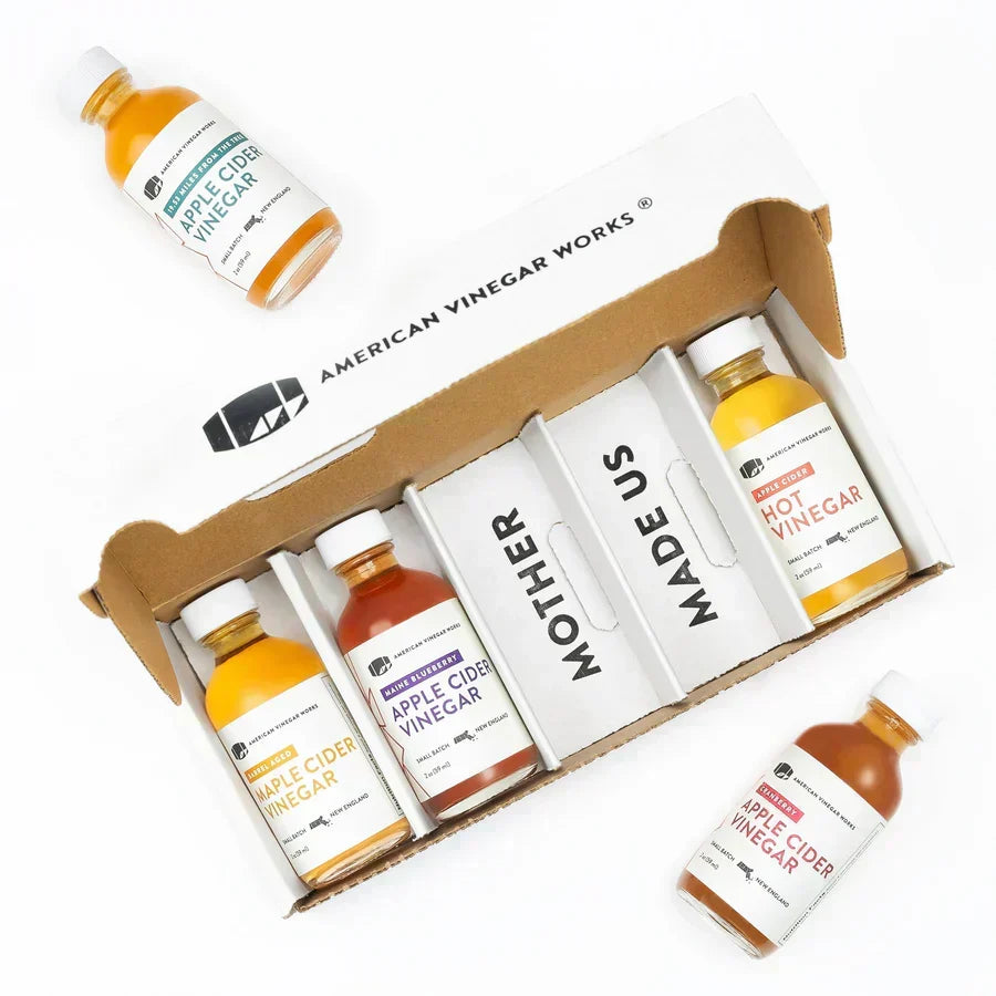 American Vinegar Works box with Maine Blueberry, Hot, and Maple Cider Vinegars. "Mother Made Us."