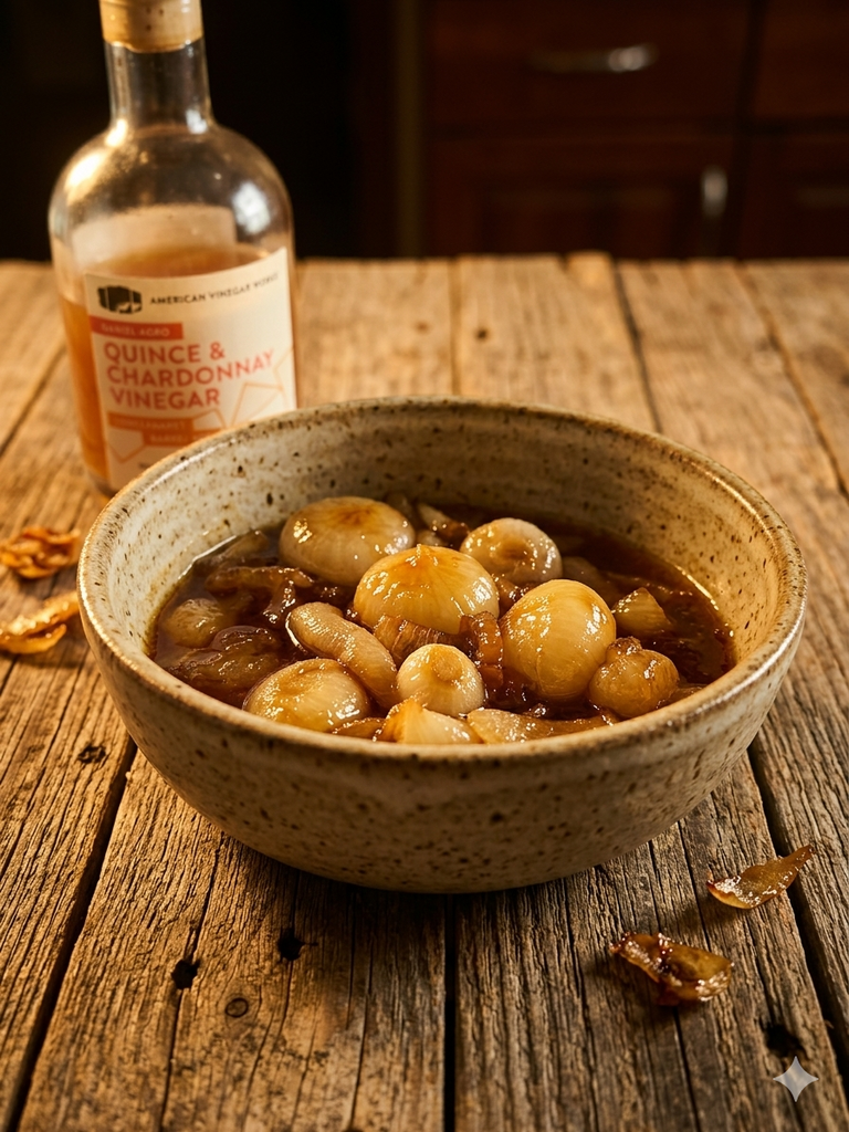 Cipollini onion agrodolce in a bowl, with bottle of Quince and Chardonnay Vinegar in background.