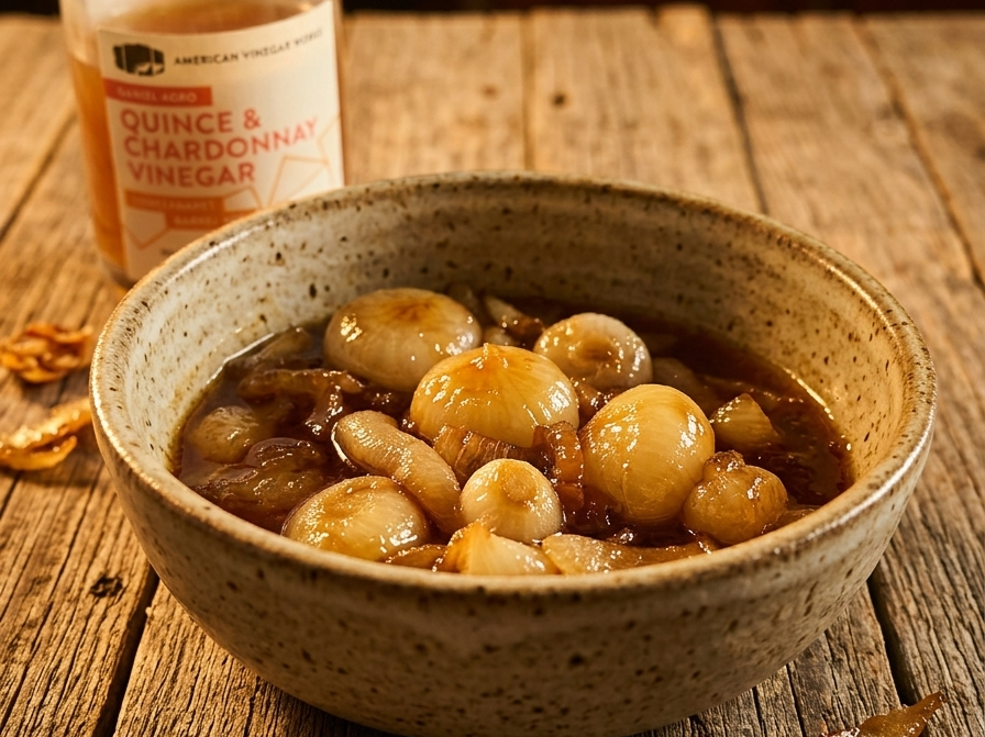 Cippollini agrodolce in bowl with vinegar bottom in background and on a wooden table