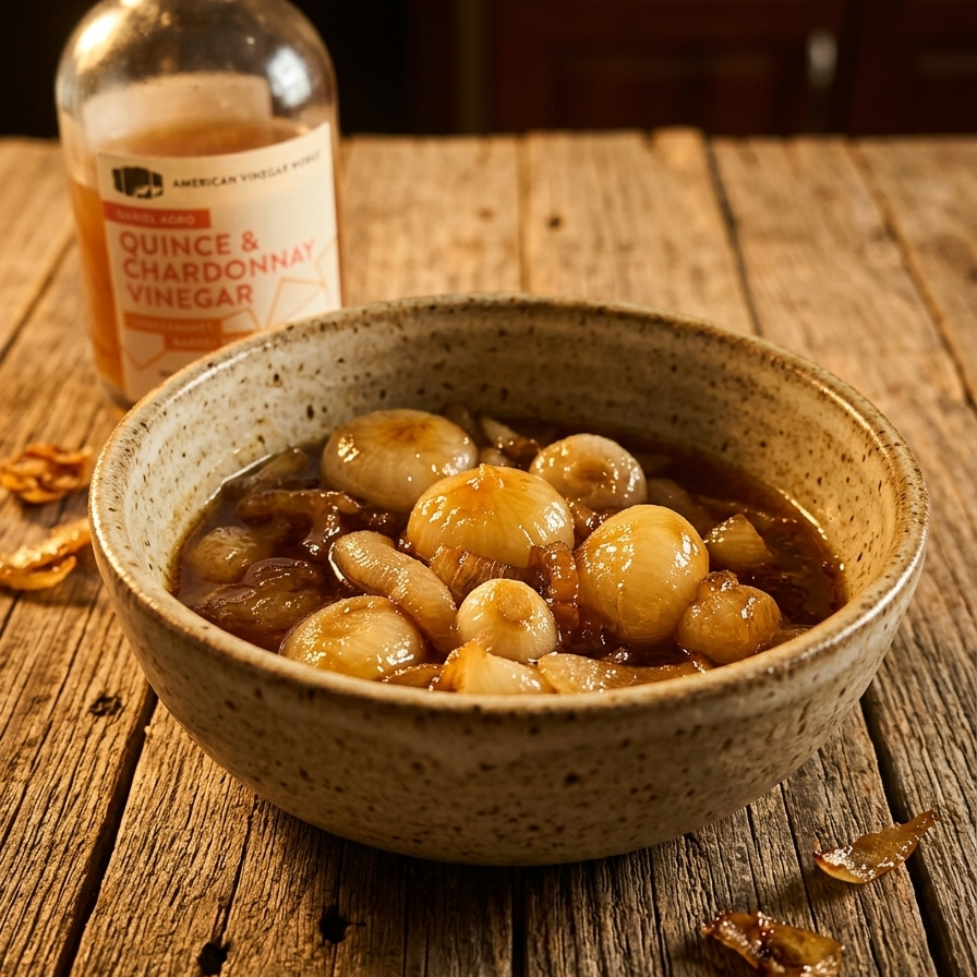 Cippollini agrodolce in bowl with vinegar bottom in background and on a wooden table