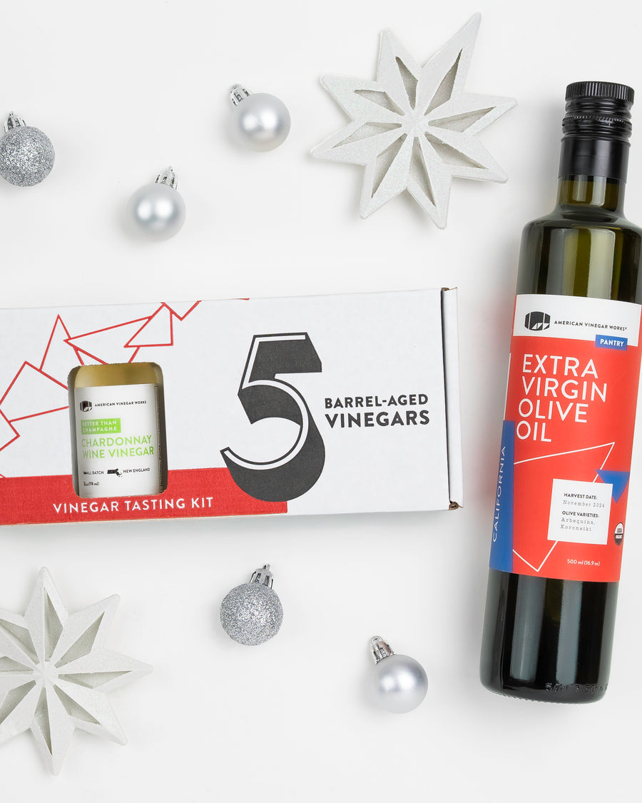 Mini sampler vinegar box and olive oil bottle with holiday ornaments